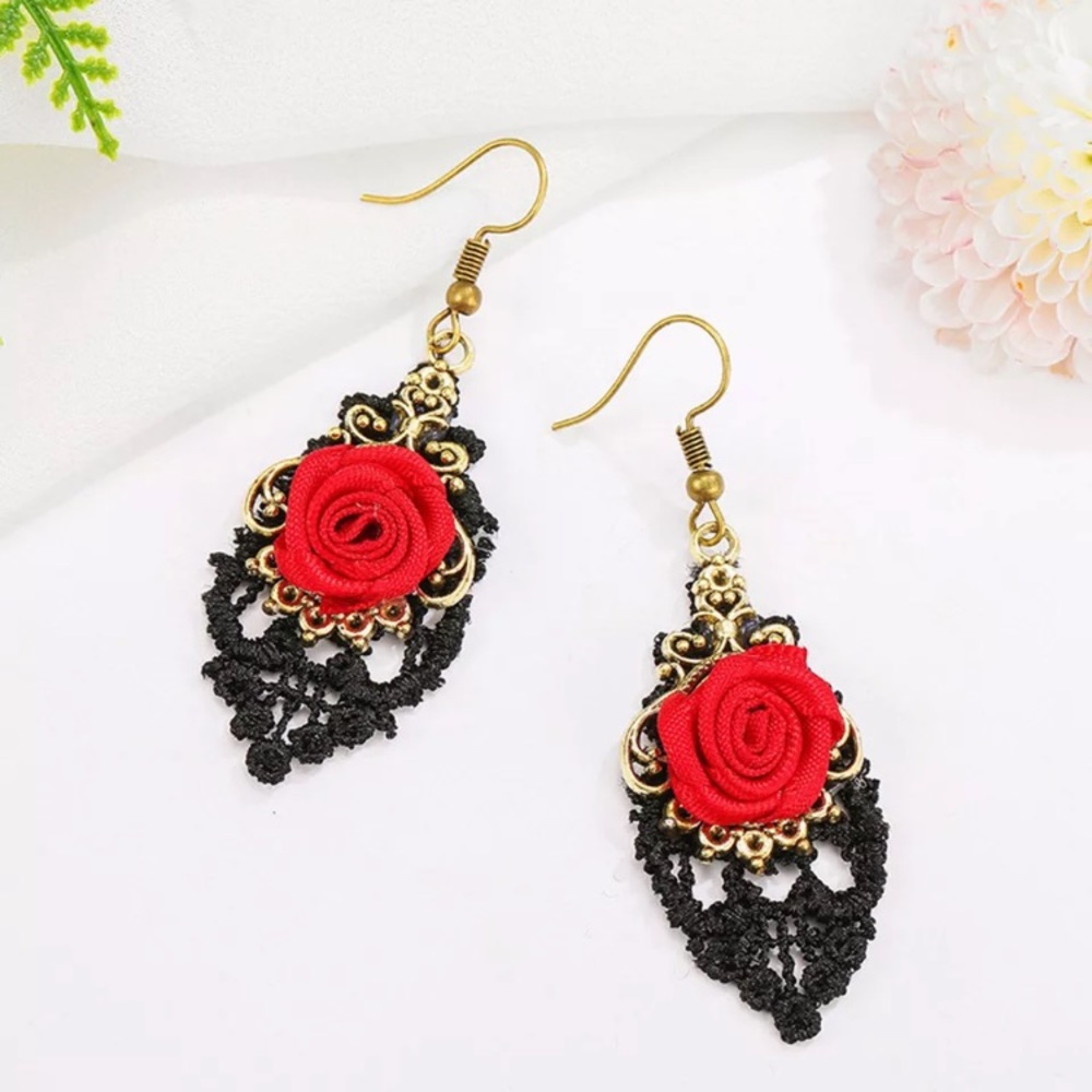 Red Flower Rose Lace Drop Earrings - Picture 2 of 3